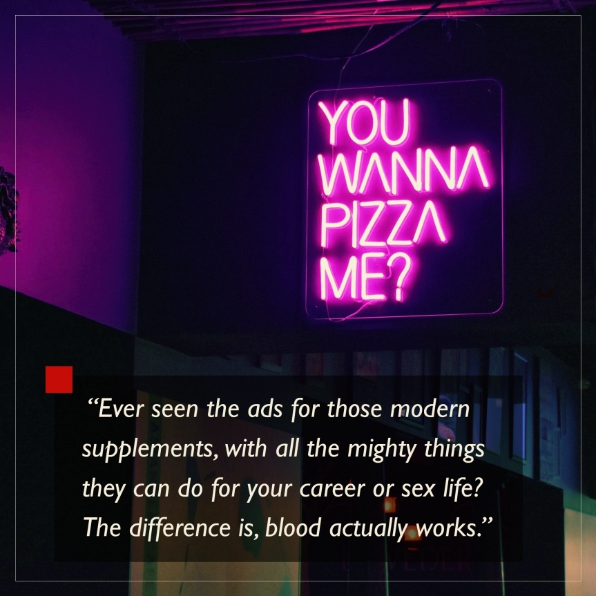 World of Darkness - Stories - 20 - Lila Neon-Schild bei Nacht das sagt "You Wanna Pizza Me?"
